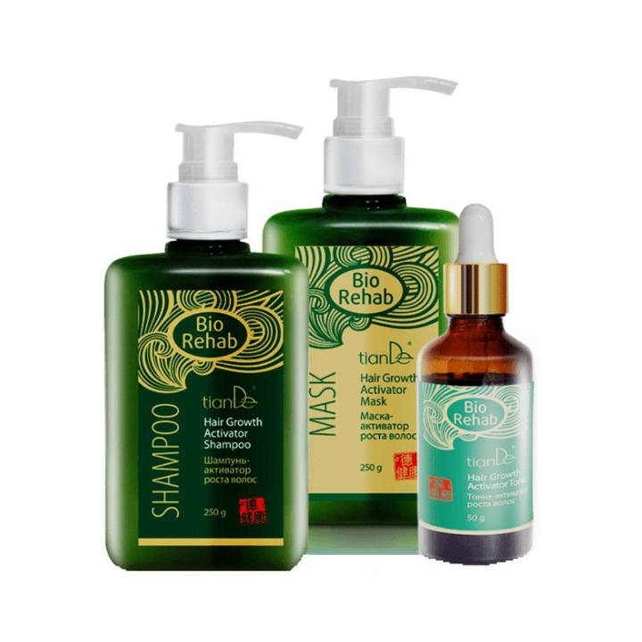 Set pentru Activarea Cresterii Parului, Tiande, Sampon 250 g + Masca 250 g + Tonic 50 g, gama Bio Rehab