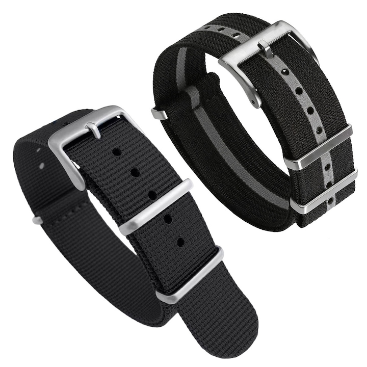 Curea ceas Nato Ribbed Nylon, CRE8VE3, curele si accesorii ceasuri, Buton metalic din otel inoxidabil 304, material textil, 22 mm, Negru