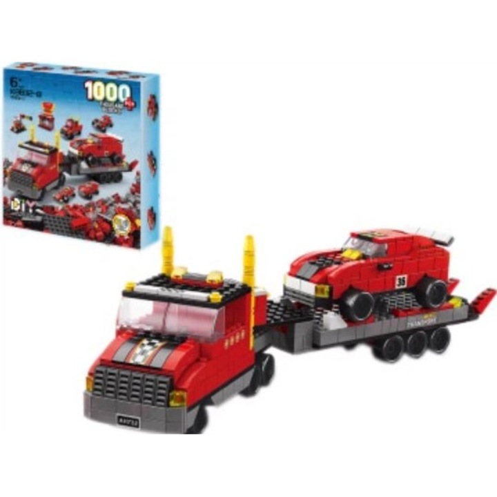 Set de construcție Trailer transportor de mașini, 1000 piese, roșu, 8x37x10 cm