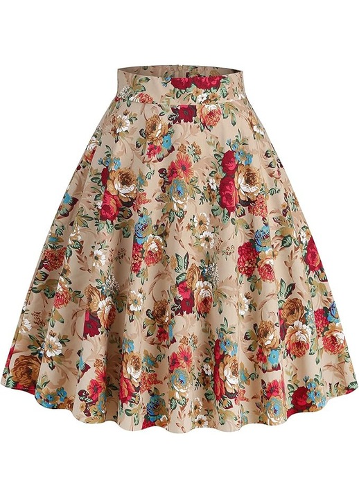 Fusta dama FYMNSI stil rockabilly vintage 1950, poliester, marime XL, imprimeu floral, talie inalta elastica, multicolor