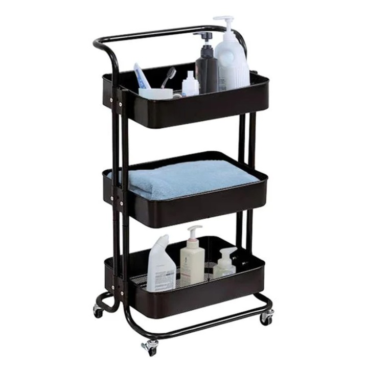 Etajeră metalică Lumi LUXURY cu 3 nivele, neagră, 44x36x82cm