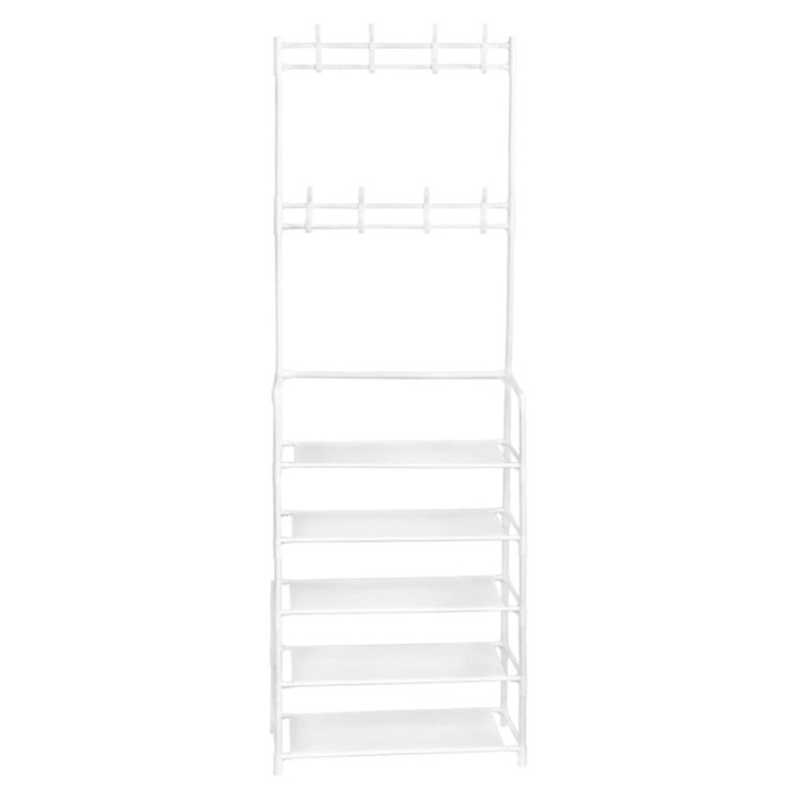 Cuier haine cu suport pantofi, 5 rafturi, 171x80 cm, Alb