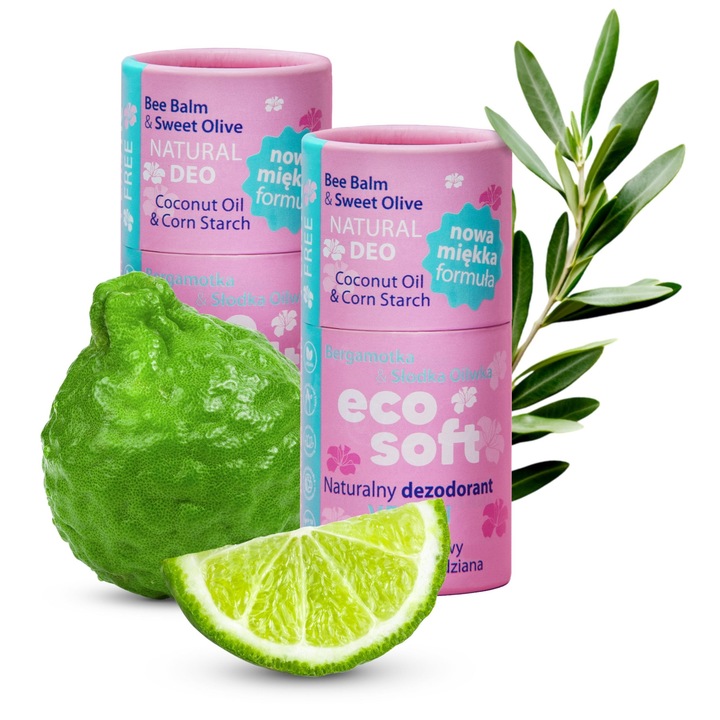 Deodorant natural stick, Eco Soft Flower Bloom, Set 2 buc, Maslina dulce cu nota de bergamota, Unt de shea, Ulei de cocos, Protectie eficienta, 2×50 g