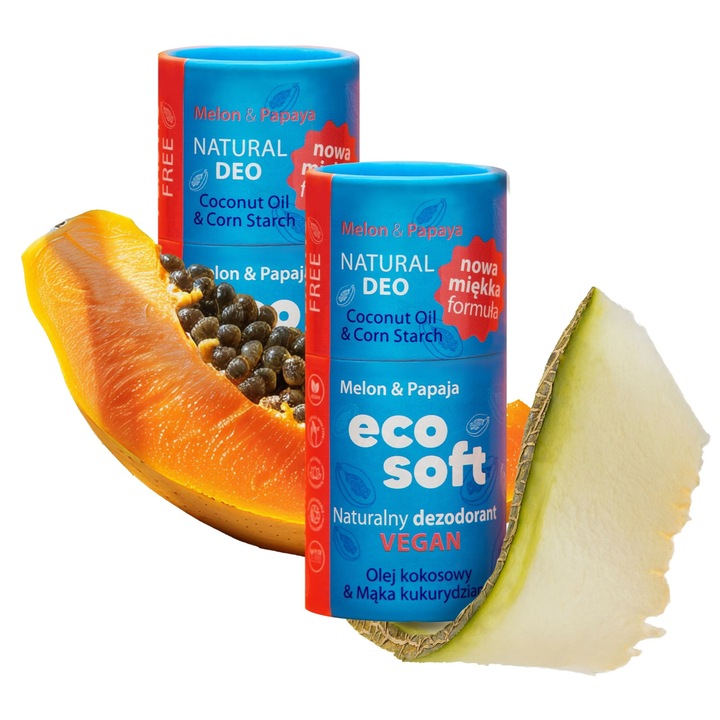 Deodorant natural stick, Fara aluminiu, Eco Soft Summer Wind, Set 2 buc, Papaya si pepene galben, Unt de shea, Ulei de cocos, Protectie eficienta, 2×50 g