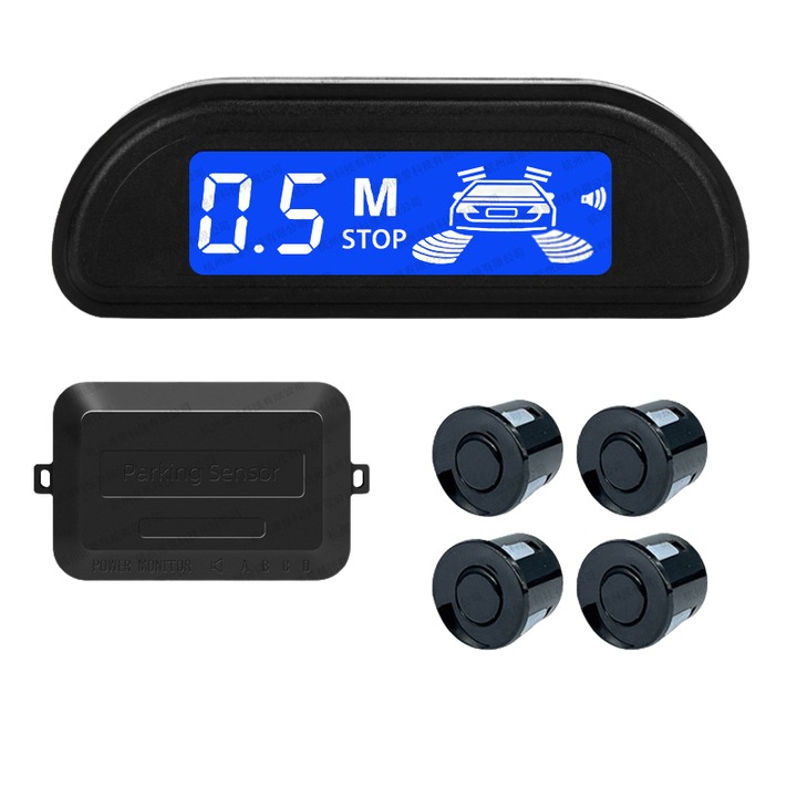 Kit senzori de parcare cu monitor LED, 4 senzori, tehnologie de parcare inteligenta, negru