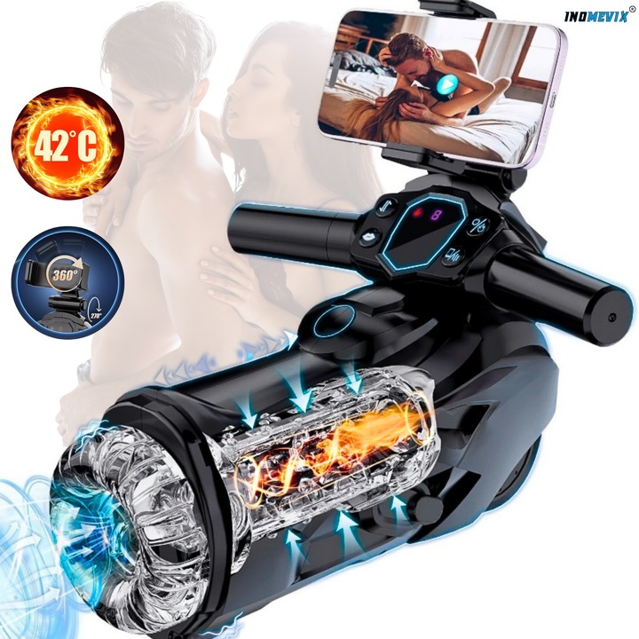Dispozitiv de stimulare intima masculina INOMEVIX®, Masturbator electric cu aspiratie, Vibratie, Impingere si Incalzire, Control Bluetooth si sunet, Display LCD, Manson interior TPE, Incarcare USB, Utilizare individuala sau in cuplu, Masturbator barbati