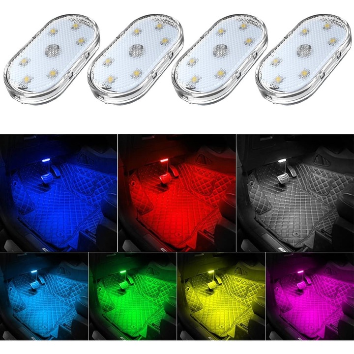 Set 4 lumini LED auto, lumini interioare portabile cu touch, 7 culori, design mini, incarcare USB