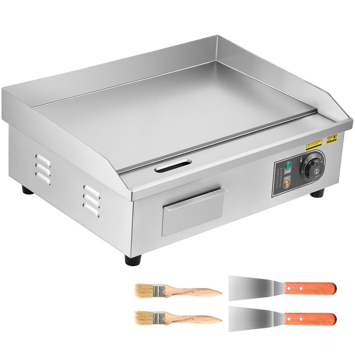 Professzionális elektromos főzőlap, Teppanyaki lapos asztali grill, 535 x 300 mm, 3200 W, termosztát 50–300°C, rozsdamentes acél lap, tartozékok: spatulák, kefék, lábtartók