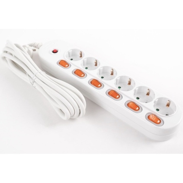 Prelungitor 6 prize, cablu 3 m, intrerupatoare individuale, alb, 3500 W