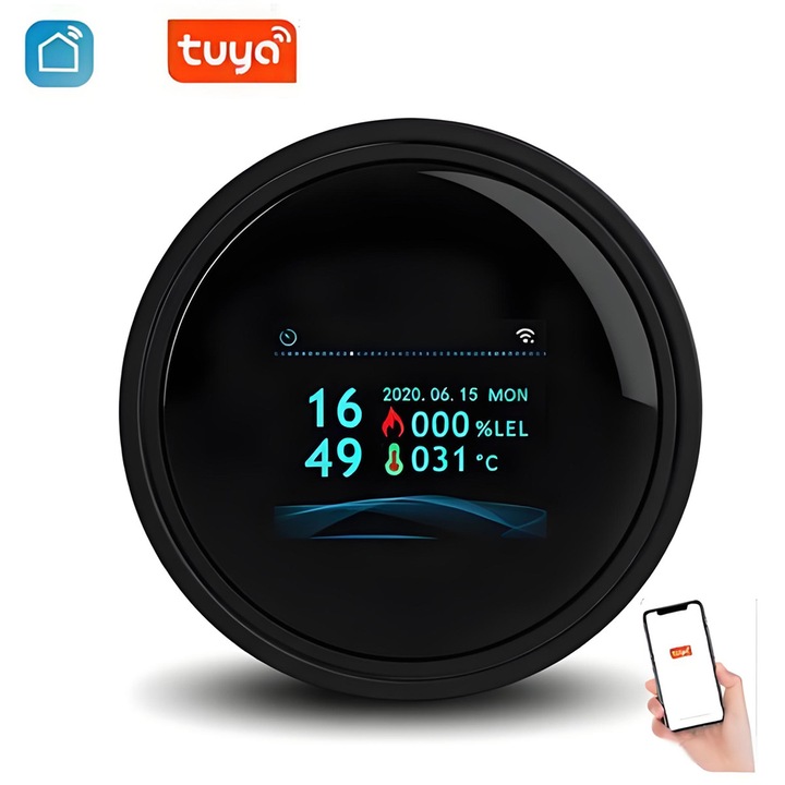 Senzor detector de gaz fara fir, YOUKUKE®, Smart, Wireless, Pentru detectie scurgere de gaze, gaz natural, gaz lichefiat, Compatibil cu aplicatia Tuya, Alerta pe telefon, Display LCD, Semnal Luminos si sonor, Negru