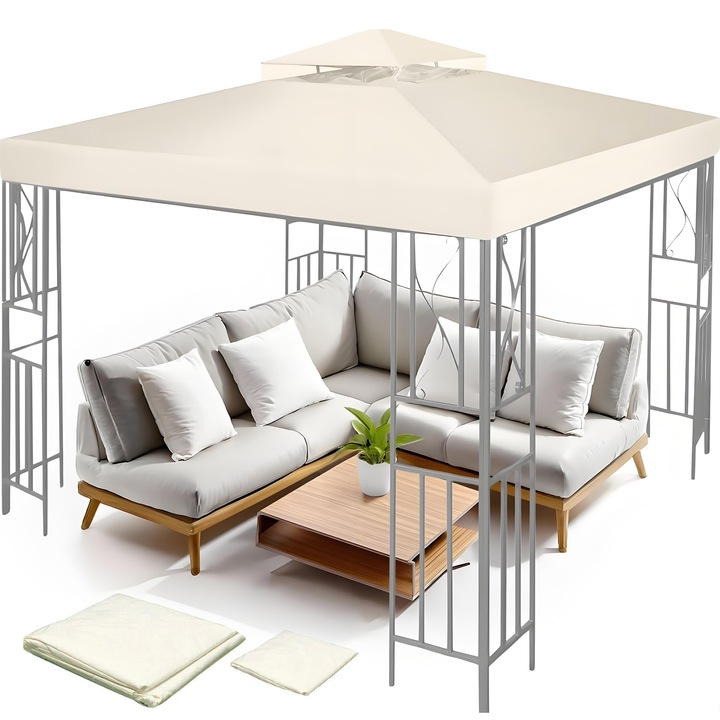 Copertina rezerva acoperis pavilion YOUKUKE®, alb crem, 3x3 m, Coperta de pavilion exterior 300D, protectie solara, protectie impotriva ploii, copertina pentru terasa cu design dublu al acoperisului