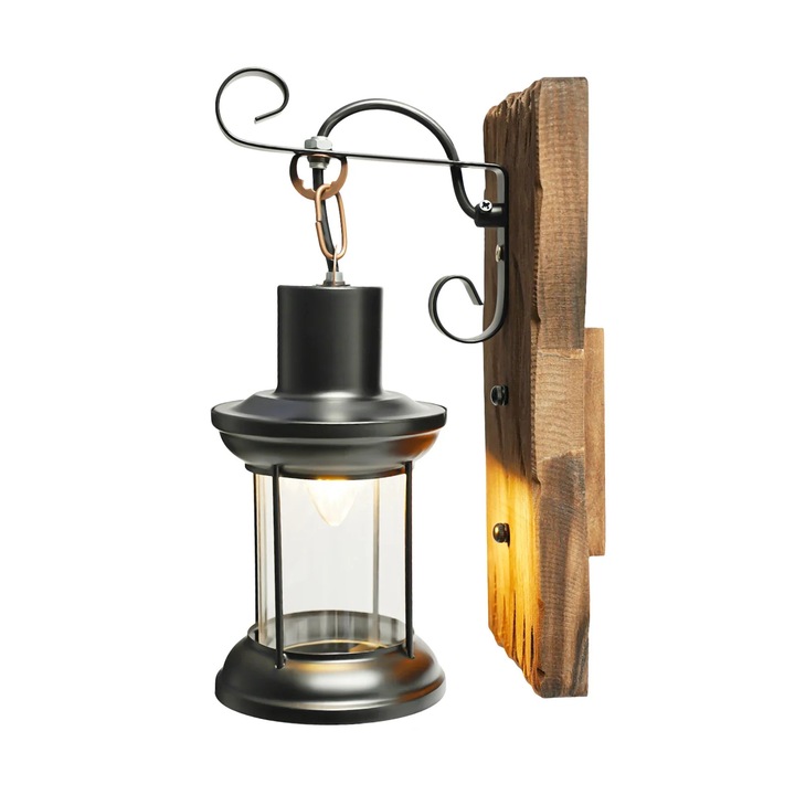Aplica de perete Industrial Vintage, Lampa de perete, Lemn & Fier, Alimentare AC, Bec neinclus, Necesita montaj, Negru