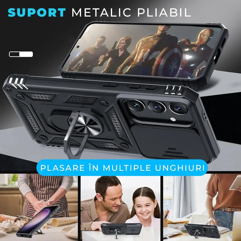 Husa pentru Samsung Galaxy A37 5G DaDen Hybrid Armor Kickstand, Slider Camera, Antisoc, Protectie Superioara, Negru