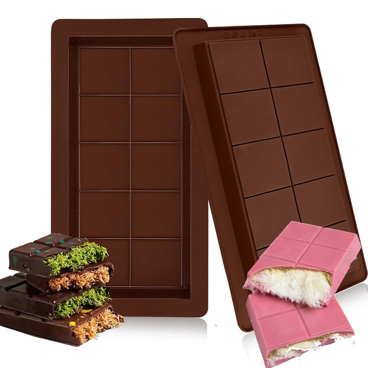 CocoaArt Silicone Tray, Forma din Silicon pentru Ciocolata, 10 Compartimente, 21 x 2.5 x 12.5 cm, Silicon Flexibil, Usor de Curatat, Ideala pentru Diferite Tipuri de Ciocolata, Deserturi Festive, Cadouri Personalizate, Maro