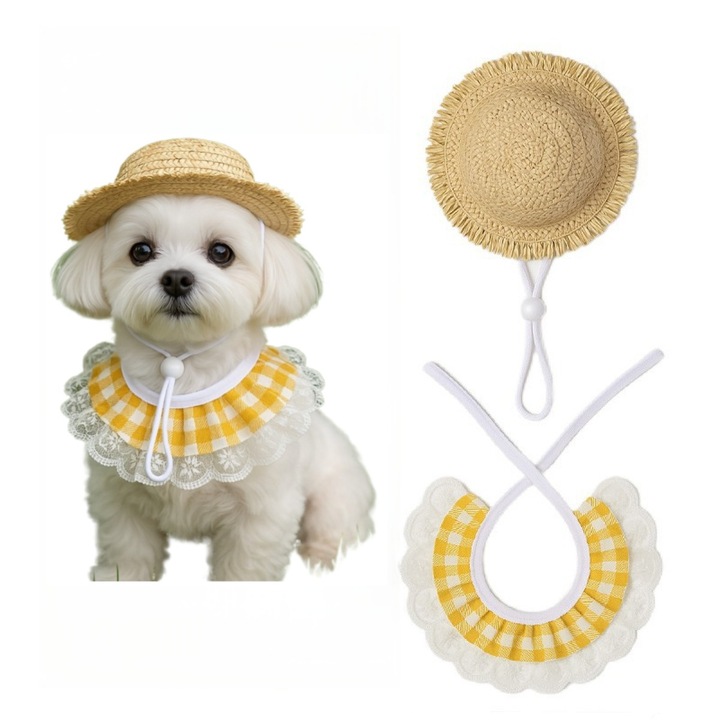 Set de accesorii pentru animale de companie, galben, incluzând pălărie și eșarfă, dimensiune pălărie 13x13x4cm