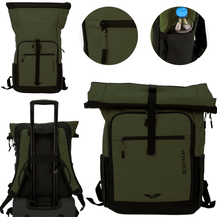 Водоустойчива раница Wings Rook Roll-Top, капацитет 29л, отделение за лаптоп 15", зелена, 46x30x15см
