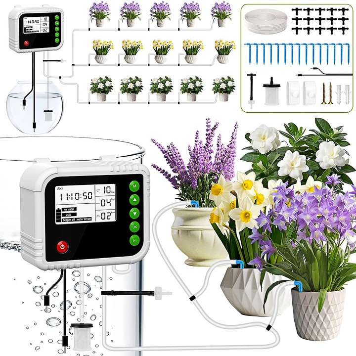 Set de irigare automata, YOUKUKE®, 15 plante de ghiveci, timer apa, Afisaj LED, Reincarcabila prin USB-C, Rezistent la apa IP65