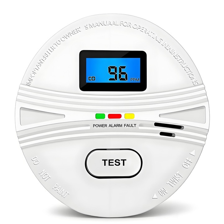Detector 2 in 1 Monoxid de carbon si Fum, YOUKUKE®, Senzor dual, Display LCD pentru monitorizarea concentratiei de Gaz in timp real, Indicator stare LED, Alimentare Baterii, Buton Test, Avertizare Sonora, Avertizare Vizuala, Acoperire Mare, Alb