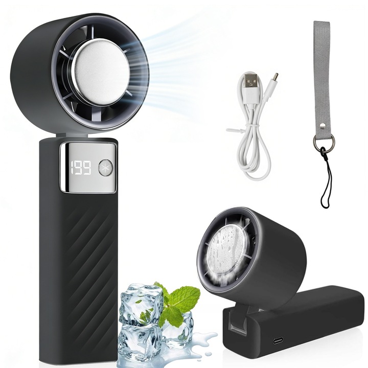 Ултрапреносим вентилатор, YOUKUKE®, 2 в 1, ръчен, настолен, за врат, 199 степени на скорост, сгъваем, с LCD екран, черен