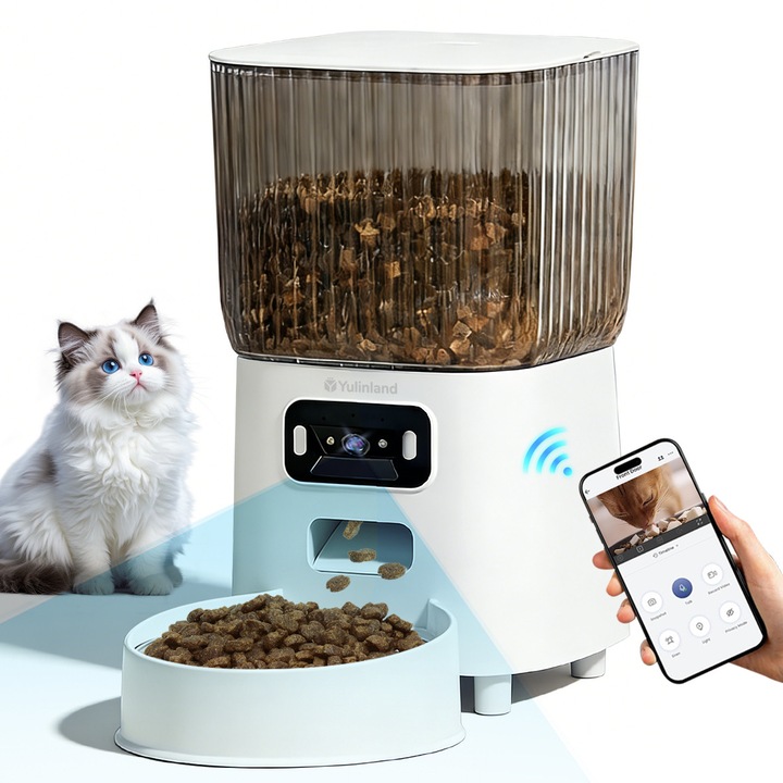 Smart Pet Feeder, Yulinland®️, Smart WiFi, 5G Live Video, Audio Bidirectional, Bol Inox, Mod Noapte, Controlul Portiilor, Capacitate 5L, Caini si Pisici, Alb