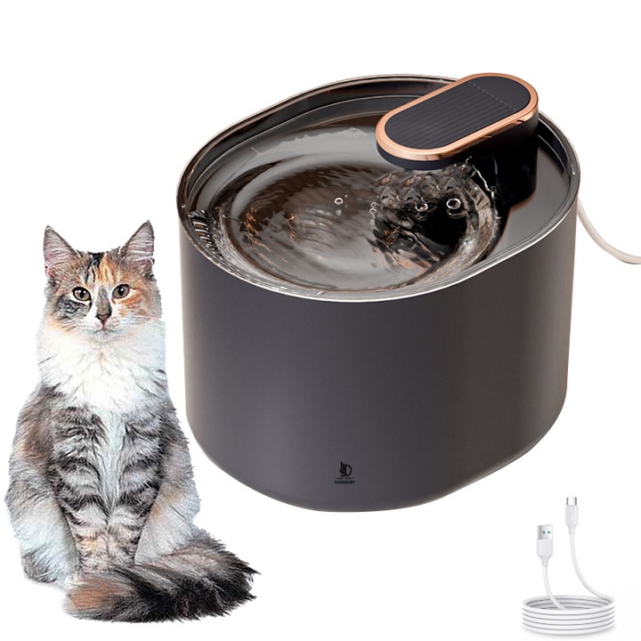 Dispenser apa automat Daismart pentru animale de companie, Fantana 3L cu sistem de purificare si filtrare cu carbon activ, USB, Negru