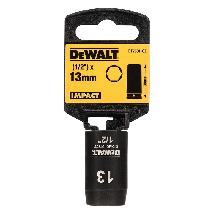 Cheie tubulară DeWALT 1/2", 13mm, adâncime mică