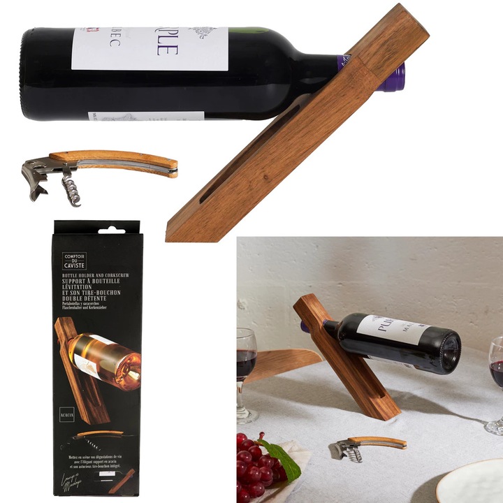 Поставка за бутилка вино с вграден тирбушон, от акациево дърво, балансиран дизайн, 26,5 см