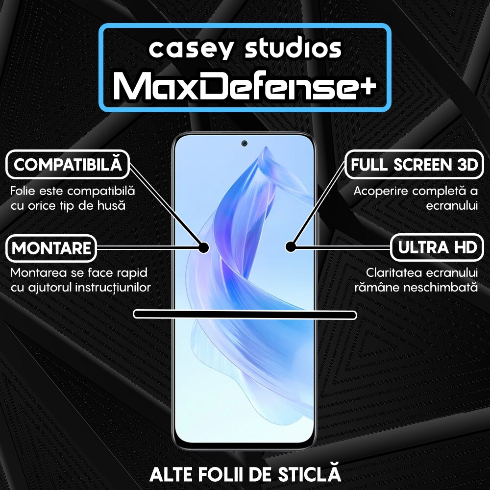 Folie Sticla CASEY STUDIOS™ compatibila cu Honor 90 Lite, Full Cover 3D, Full Glue, Duritate Militara, Ultra HD, Anti Zgarieturi, Anti Amprente, Anti Socuri, Margini Negre