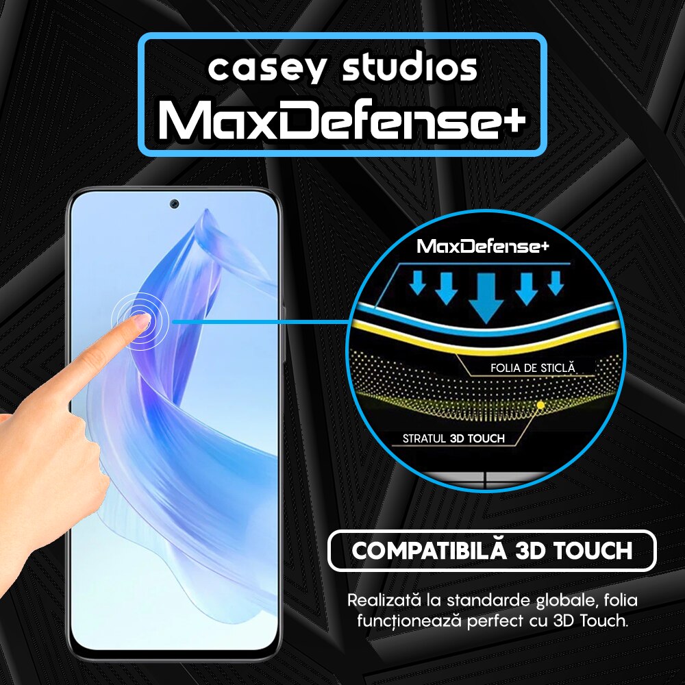Folie Sticla CASEY STUDIOS™ compatibila cu Honor 90 Lite, Full Cover 3D, Full Glue, Duritate Militara, Ultra HD, Anti Zgarieturi, Anti Amprente, Anti Socuri, Margini Negre