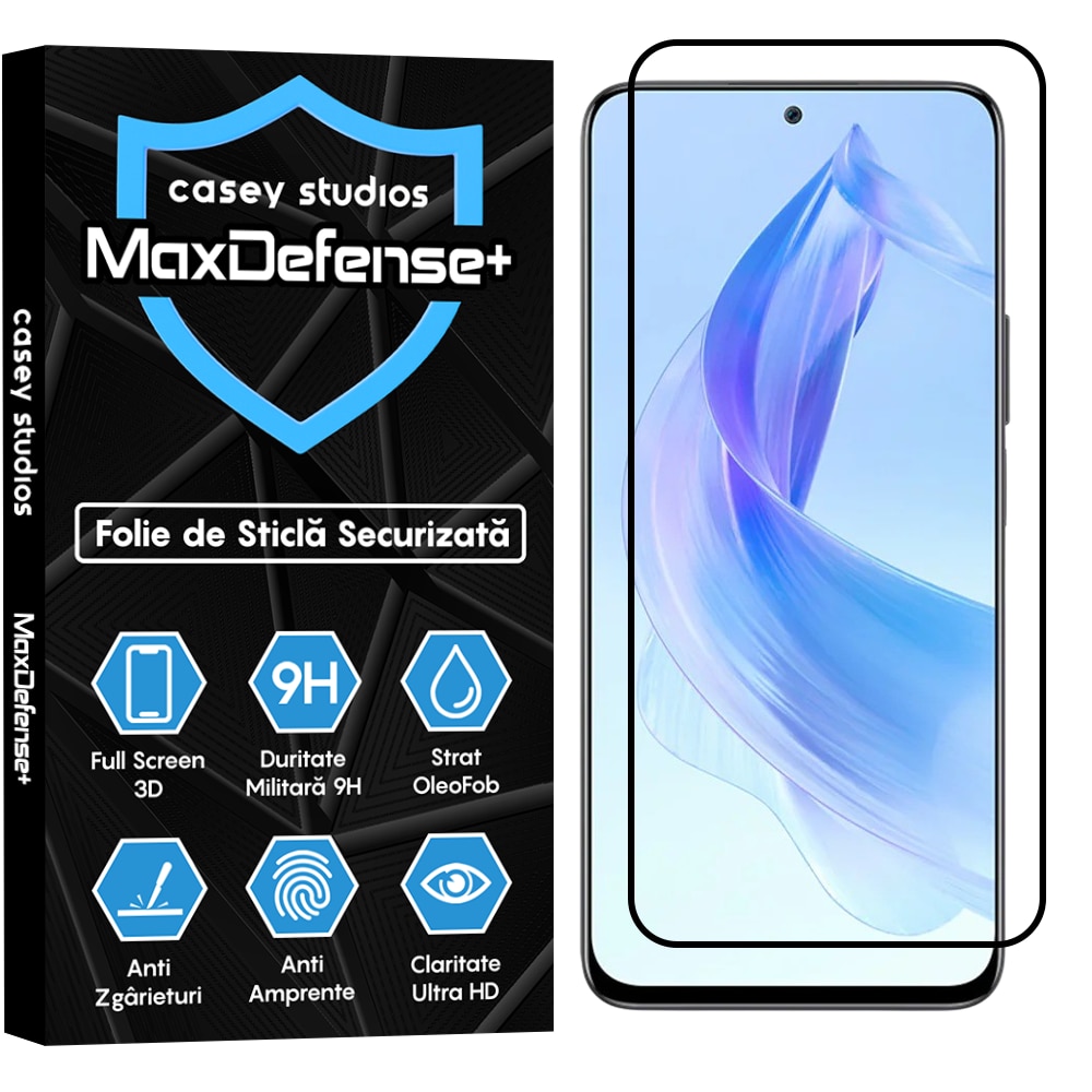 Folie Sticla CASEY STUDIOS™ compatibila cu Honor 90 Lite, Full Cover 3D, Full Glue, Duritate Militara, Ultra HD, Anti Zgarieturi, Anti Amprente, Anti Socuri, Margini Negre