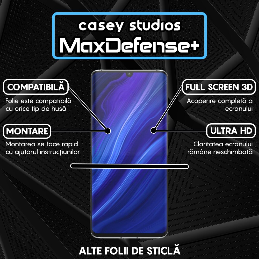 Folie Sticla CASEY STUDIOS™ compatibila cu Huawei P30 Pro / P30 Pro New Edition, MaxDefense+, Anti Zgarieturi, Full Glue, Full Cover 3D, Protectie Ecran 3D, Duritate Ridicata, Margini Negre