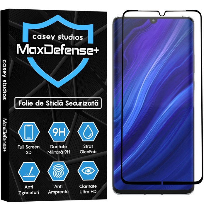 Folie Sticla CASEY STUDIOS™ compatibila cu Huawei P30 Pro / P30 Pro New Edition, MaxDefense+, Anti Zgarieturi, Full Glue, Full Cover 3D, Protectie Ecran 3D, Duritate Ridicata, Margini Negre