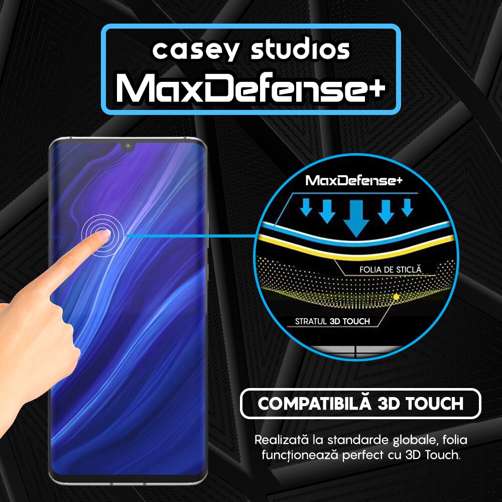 Folie Sticla CASEY STUDIOS™ compatibila cu Huawei P30 Pro / P30 Pro New Edition, MaxDefense+, Anti Zgarieturi, Full Glue, Full Cover 3D, Protectie Ecran 3D, Duritate Ridicata, Margini Negre