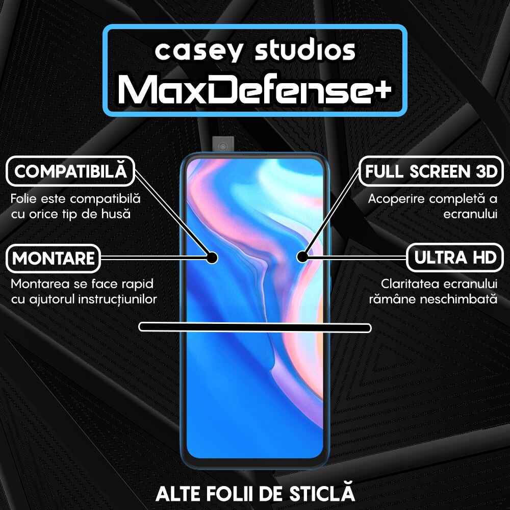 Folie Sticla CASEY STUDIOS™ compatibila cu Huawei P Smart Z / Y9 Prime 2019, Full Cover 3D, Full Glue, Duritate Militara, Ultra HD, Anti Zgarieturi, Anti Socuri, Margini Negre