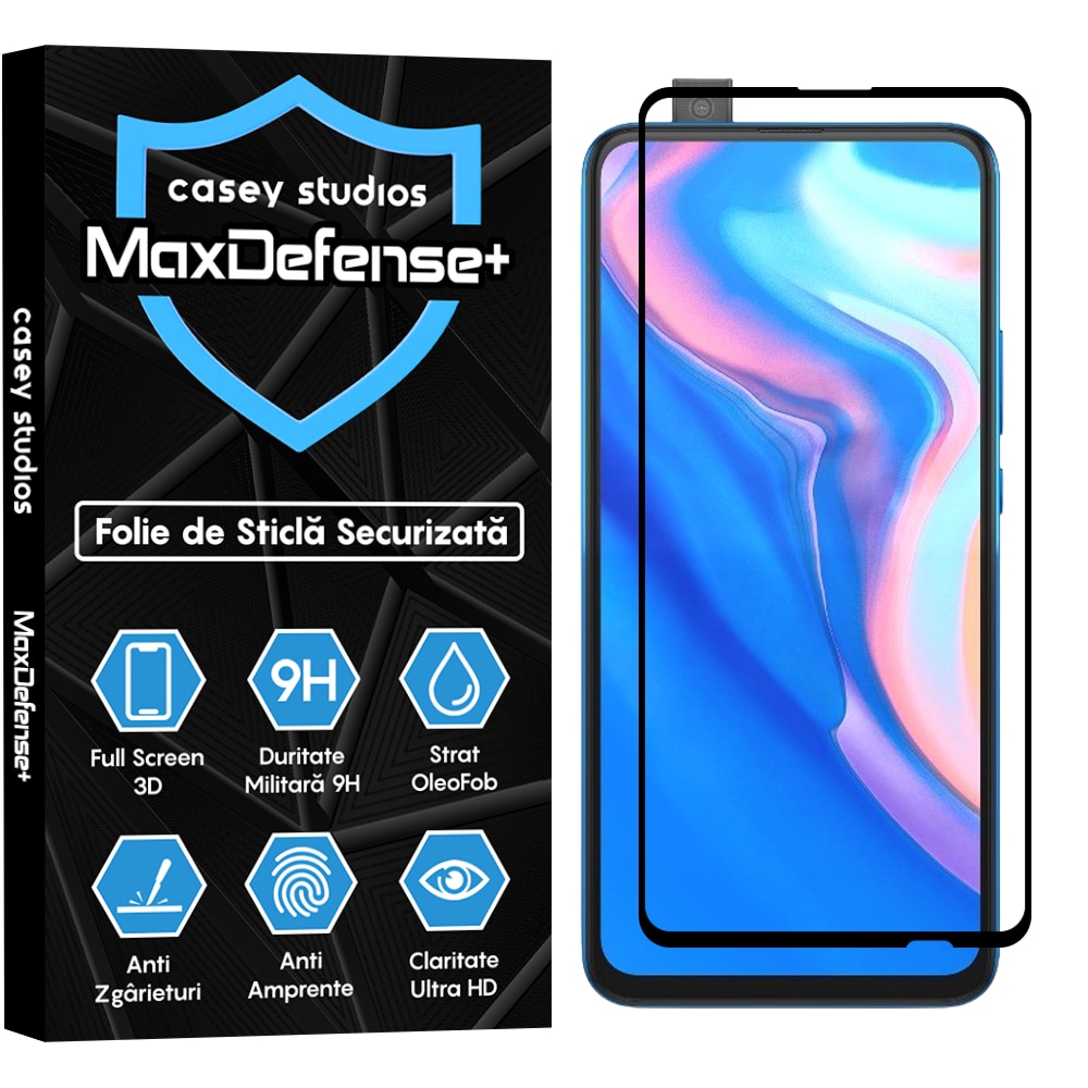 Folie Sticla CASEY STUDIOS™ compatibila cu Huawei P Smart Z / Y9 Prime 2019, Full Cover 3D, Full Glue, Duritate Militara, Ultra HD, Anti Zgarieturi, Anti Socuri, Margini Negre