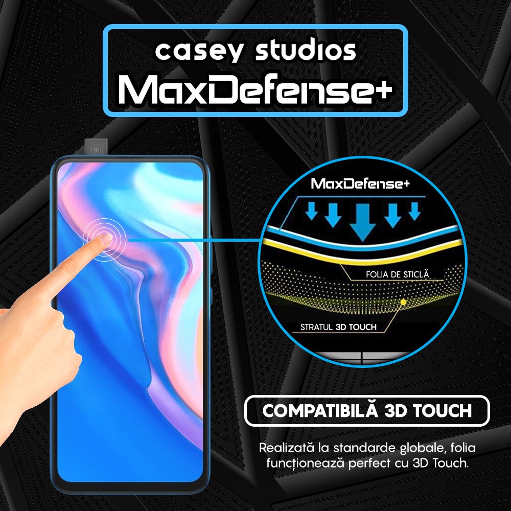 Folie Sticla CASEY STUDIOS™ compatibila cu Huawei P Smart Z / Y9 Prime 2019, Full Cover 3D, Full Glue, Duritate Militara, Ultra HD, Anti Zgarieturi, Anti Socuri, Margini Negre