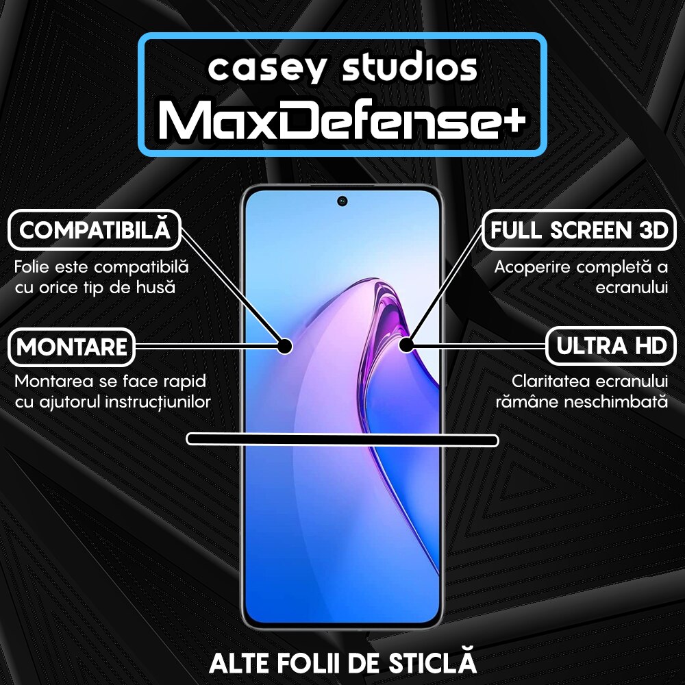 Folie Sticla CASEY STUDIOS™ compatibila cu Oppo Reno8 Pro, Full Cover 3D, Full Glue, Duritate Militara, Ultra HD, Anti Zgarieturi, Anti Socuri, Margini Negre
