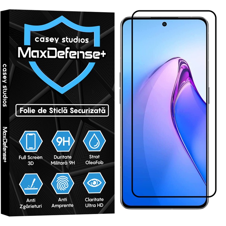 Folie Sticla CASEY STUDIOS™ compatibila cu Oppo Reno8 Pro, Full Cover 3D, Full Glue, Duritate Militara, Ultra HD, Anti Zgarieturi, Anti Socuri, Margini Negre