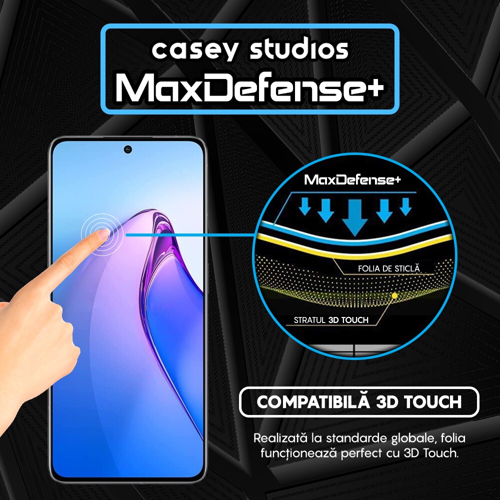 Folie Sticla CASEY STUDIOS™ compatibila cu Oppo Reno8 Pro, Full Cover 3D, Full Glue, Duritate Militara, Ultra HD, Anti Zgarieturi, Anti Socuri, Margini Negre