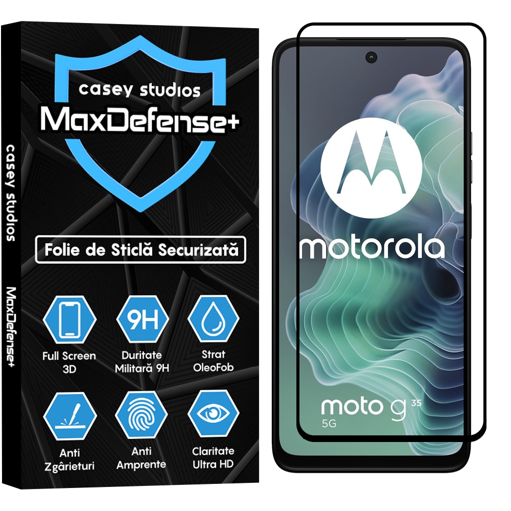 Folie Sticla CASEY STUDIOS™ pentru Motorola Moto G35, Full Cover 3D, Full Glue, Sticla Securizata, Duritate Militara, Ultra HD, Protectie Profesionala Ecran 3D, Anti Zgarieturi, Anti Socuri