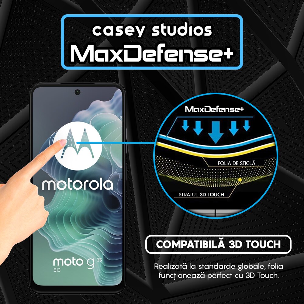 Folie Sticla CASEY STUDIOS™ pentru Motorola Moto G35, Full Cover 3D, Full Glue, Sticla Securizata, Duritate Militara, Ultra HD, Protectie Profesionala Ecran 3D, Anti Zgarieturi, Anti Socuri