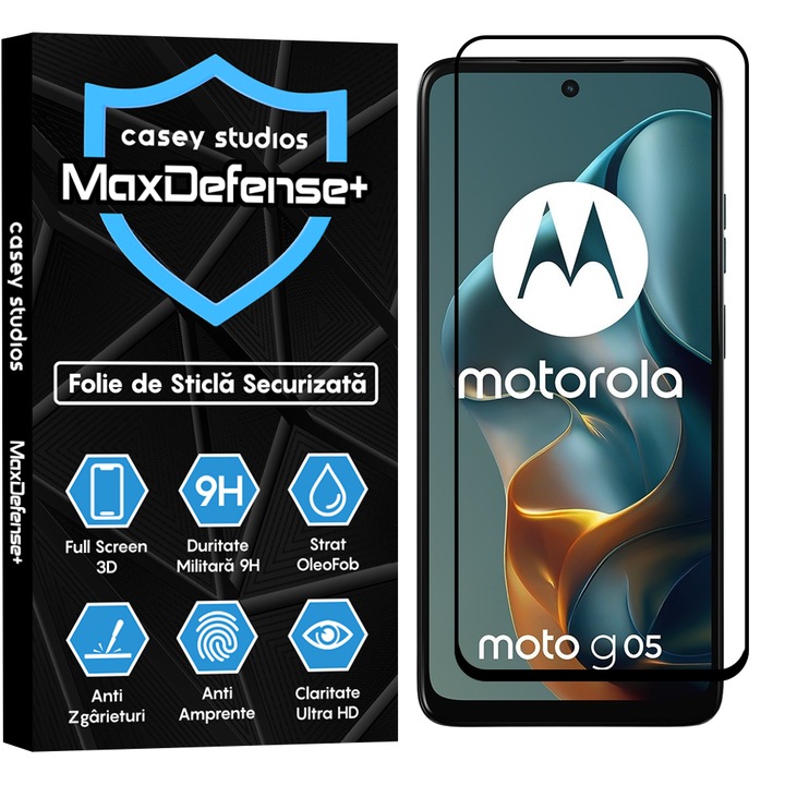 Folie Sticla CASEY STUDIOS pentru Motorola Moto G05, Full Glue, Sticla Securizata, Duritate Militara, Ultra HD, Protectie Profesionala Ecran 3D, Anti Zgarieturi, Anti Socuri