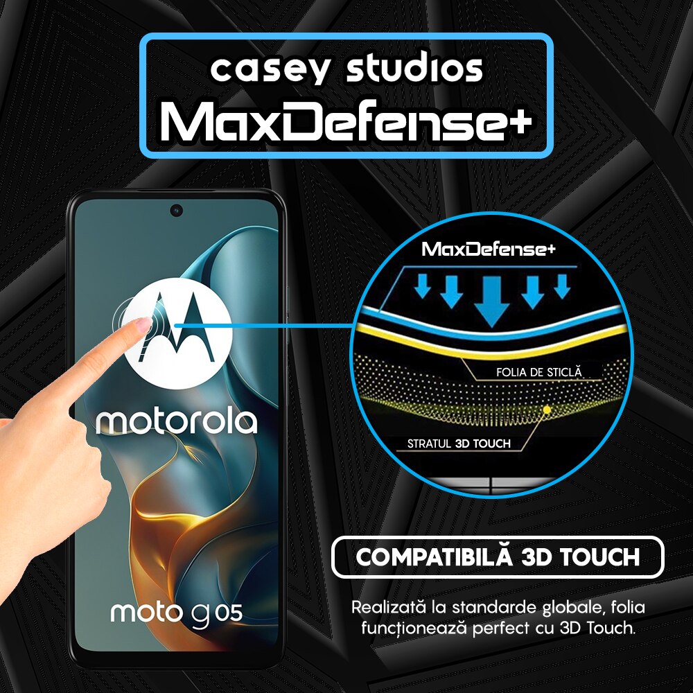 Folie Sticla CASEY STUDIOS pentru Motorola Moto G05, Full Glue, Sticla Securizata, Duritate Militara, Ultra HD, Protectie Profesionala Ecran 3D, Anti Zgarieturi, Anti Socuri