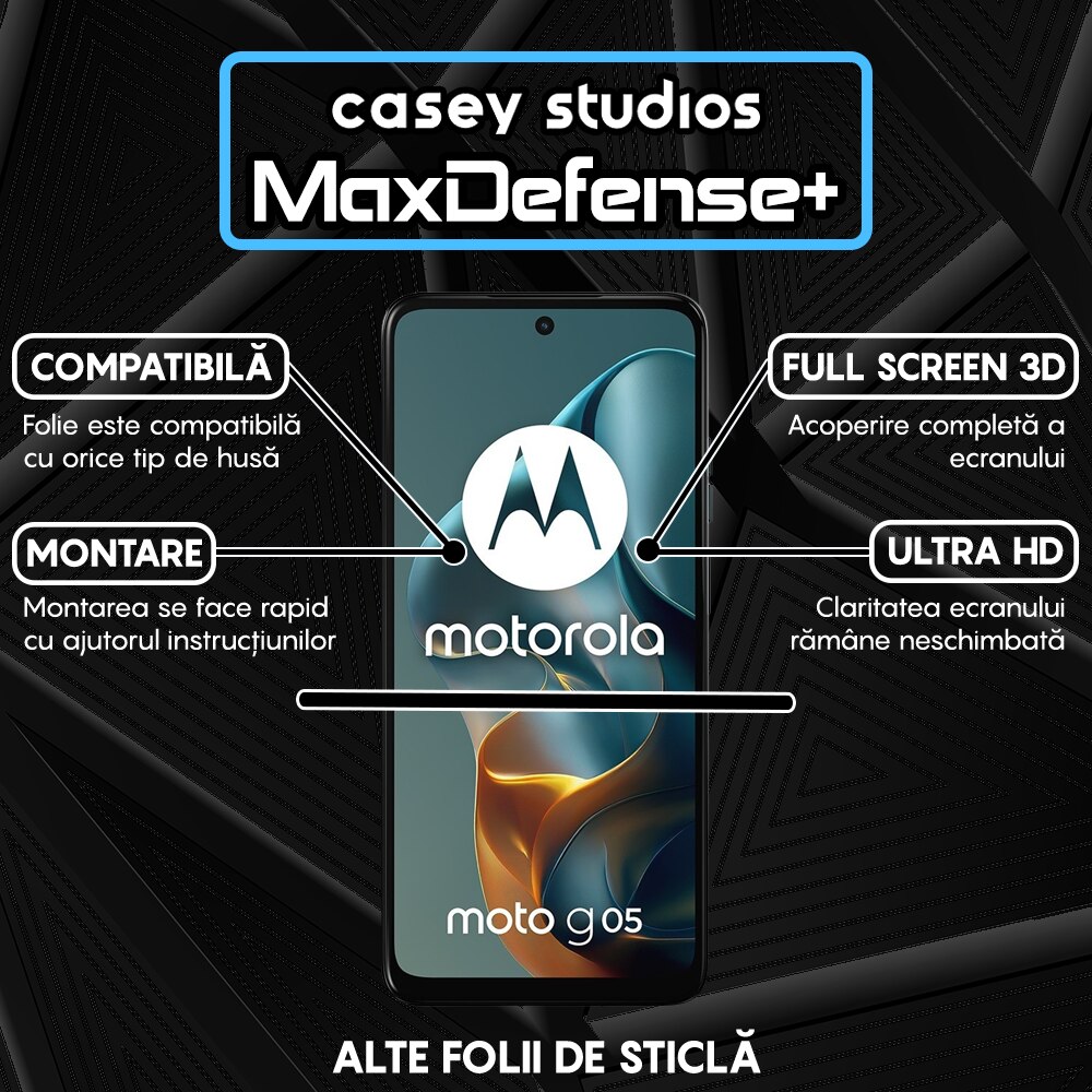 Folie Sticla CASEY STUDIOS pentru Motorola Moto G05, Full Glue, Sticla Securizata, Duritate Militara, Ultra HD, Protectie Profesionala Ecran 3D, Anti Zgarieturi, Anti Socuri
