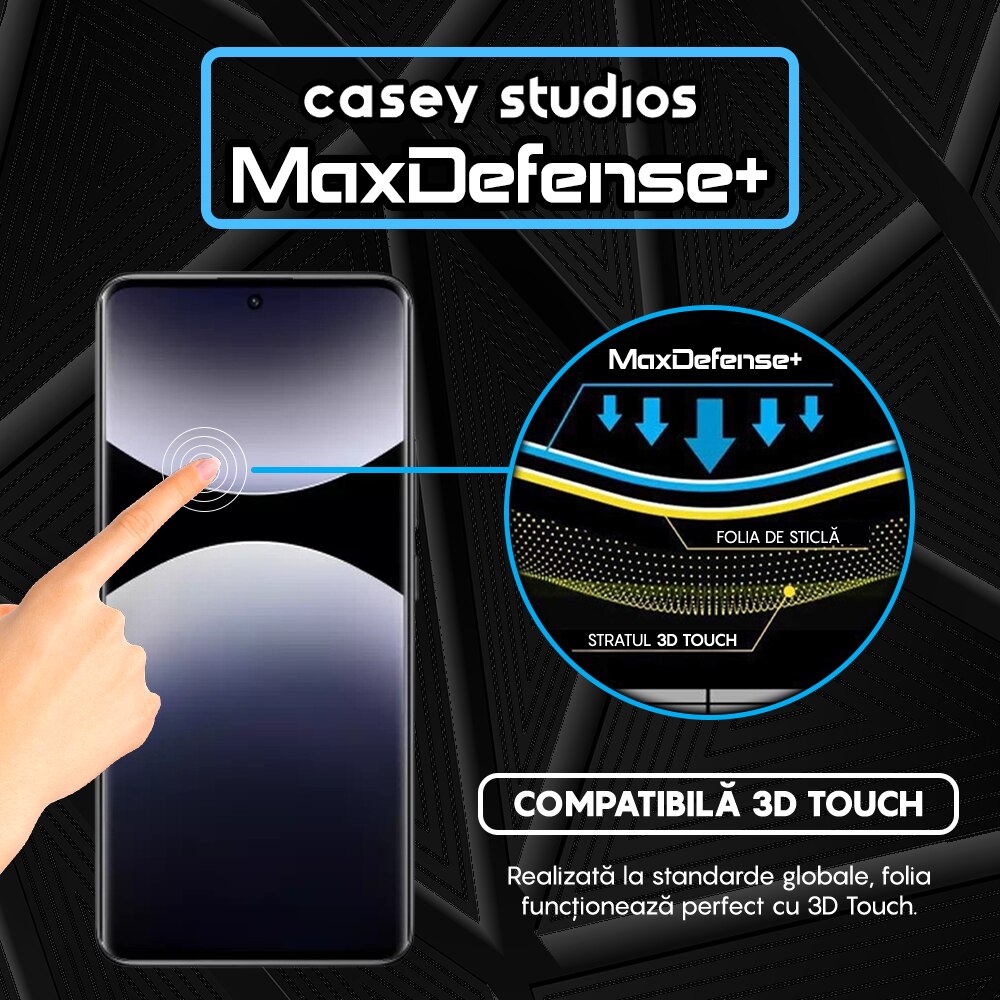 Folie Sticla CASEY STUDIOS™ compatibila cu Xiaomi Redmi Note 14 Pro+, MaxDefense+, Anti Zgarieturi, Full Glue, Full Cover 3D, Protectie Ecran 3D, Duritate Ridicata, Margini Negre