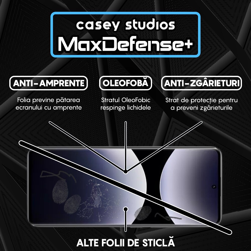 Folie Sticla CASEY STUDIOS™ compatibila cu Xiaomi Redmi Note 14 Pro+, MaxDefense+, Anti Zgarieturi, Full Glue, Full Cover 3D, Protectie Ecran 3D, Duritate Ridicata, Margini Negre