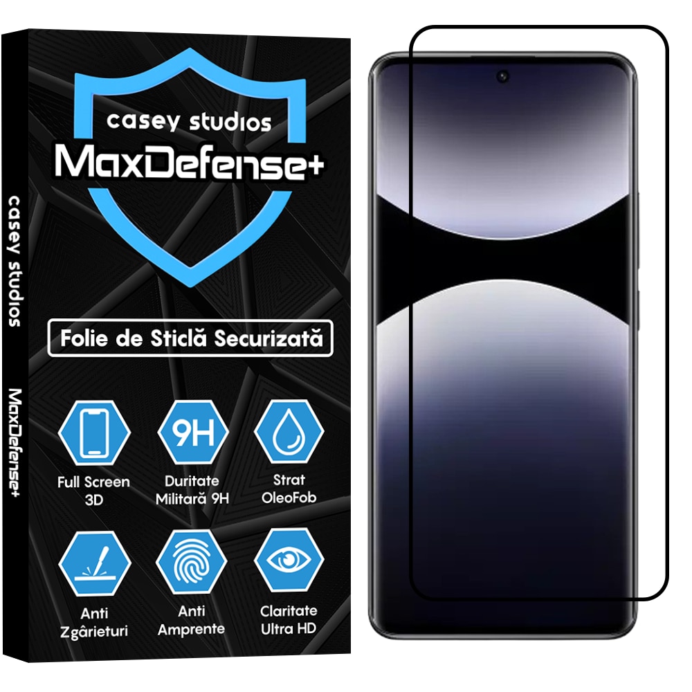 Folie Sticla CASEY STUDIOS™ compatibila cu Xiaomi Redmi Note 14 Pro+, MaxDefense+, Anti Zgarieturi, Full Glue, Full Cover 3D, Protectie Ecran 3D, Duritate Ridicata, Margini Negre