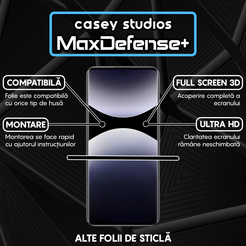 Folie Sticla CASEY STUDIOS™ compatibila cu Xiaomi Redmi Note 14 Pro+, MaxDefense+, Anti Zgarieturi, Full Glue, Full Cover 3D, Protectie Ecran 3D, Duritate Ridicata, Margini Negre