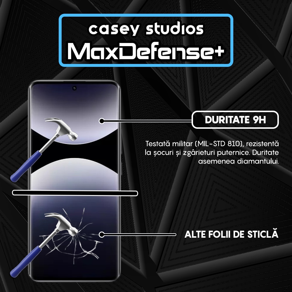 Folie Sticla CASEY STUDIOS™ compatibila cu Xiaomi Redmi Note 14 Pro+, MaxDefense+, Anti Zgarieturi, Full Glue, Full Cover 3D, Protectie Ecran 3D, Duritate Ridicata, Margini Negre