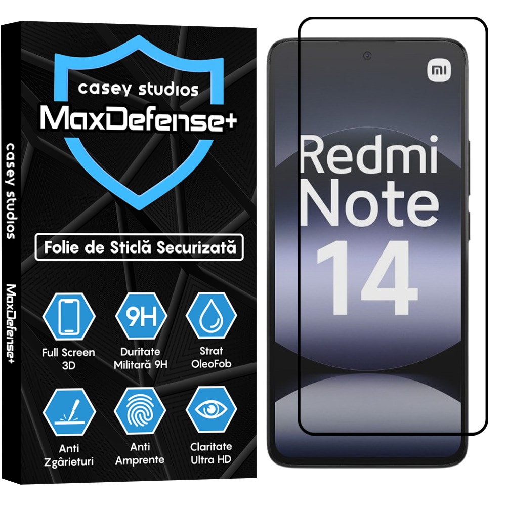 Folie Sticla CASEY STUDIOS pentru Xiaomi Redmi Note 14 4G, Full Glue, Sticla Securizata, Duritate Militara, Ultra HD, Protectie Profesionala Ecran 3D, Anti Zgarieturi, Anti Socuri